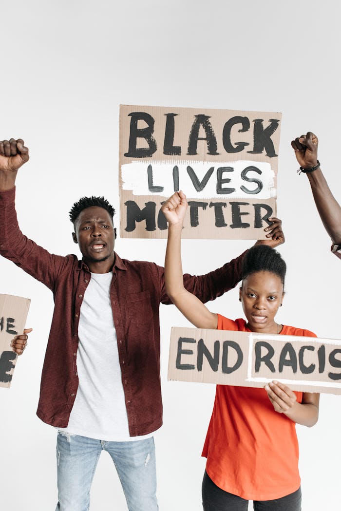 Protesters holding Black Lives Matter and End Racism signs, expressing social justice and activism.